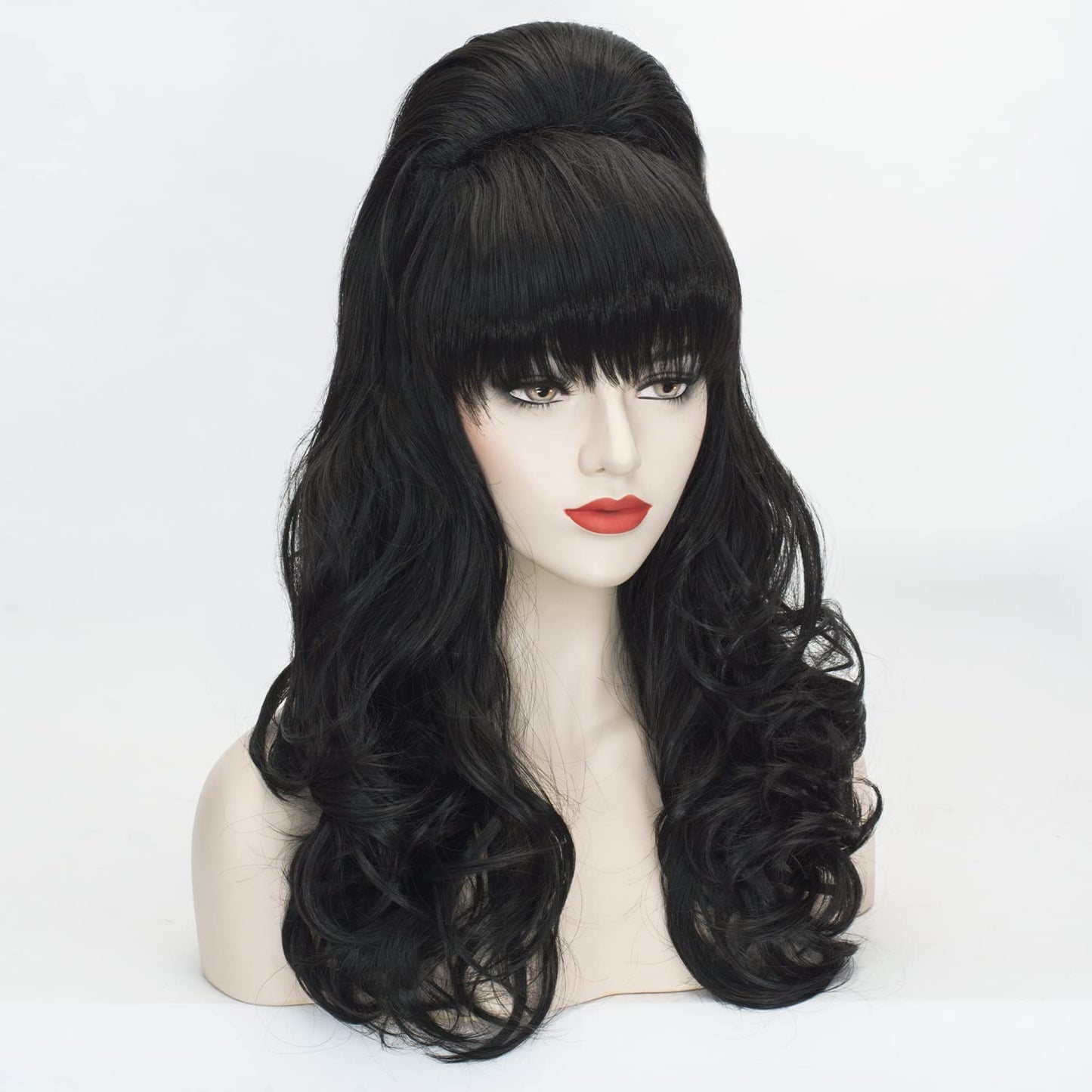 Beehive Wig Black Women Vintage Long Curly Bouffant Updo Victorian Fembot Wig 60s 50s Costume Married Housewife Heat Resistant Synthetic Hair Wigs for Halloween Party + Wig Cap