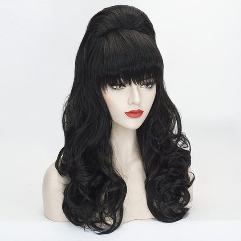 Beehive Wig Black Women Vintage Long Curly Bouffant Updo Victorian Fembot Wig 60s 50s Costume Married Housewife Heat Resistant Synthetic Hair Wigs for Halloween Party + Wig Cap