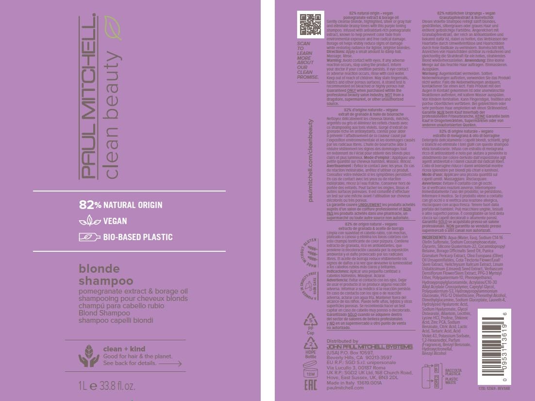 Paul Mitchell Clean Beauty Blonde Purple Shampoo, Gently Cleanses, Eliminates Brassy Tones, For Color-Treated Hair + Naturally Light Hair Colors