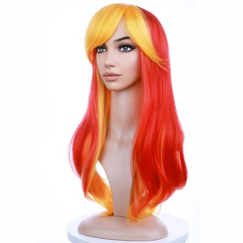 BERON Orange Yellow Wigs Long Wavy Women Wigs with Bangs Flame Curly Heat Resistant Synthetic Wigs for Cosplay Party Wigs