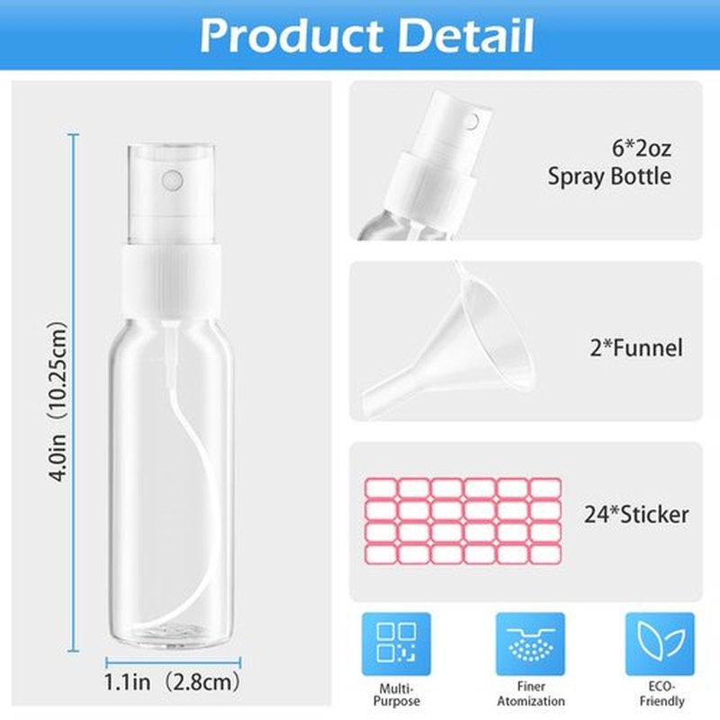Zoizocp Spray Bottles, 1oz/30ml Clear Empty Fine Mist Plastic Mini Travel Bottle Set, Small Refillable Liquid Containers with 2pcs Funnels and 24pcs Labels (6 Pack)