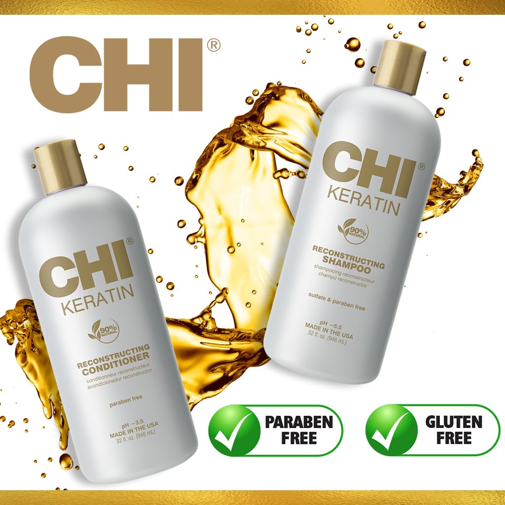 CHI Keratin Reconstructing Shampoo, Delivers Healthier Hair, Adds Shine & Helps Prevent Future Breakage, Sulfate, Paraben, & Cruelty-Free, 32 Oz