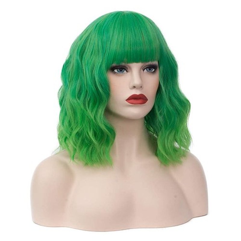 WGPFWIG Women's Bright Green Ombre Wig Short Curly Wavy Wig Shoulder Length Flat Bangs Wig For Women Girl Cosplay Party Halloween Wig Cap Included (Bright Green Ombre)