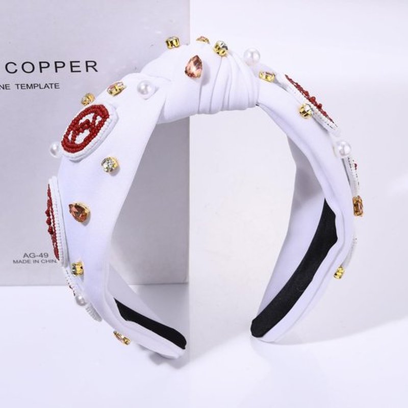 JERTOCLE Football Knotted Headbands for Women Game Day Sports Headband Pearl Crystal Bejeweled Wide Top Knot Hairband Game Day Hair Accessories (White Brown)
