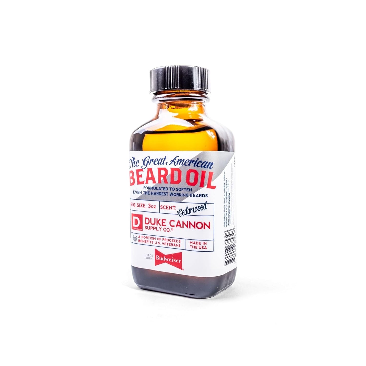 Duke Cannon Great American Beard Oil with Budweiser - Natural Conditioning with Apricot Kernel Oils, Warm Cedarwood Scent, 3 oz.