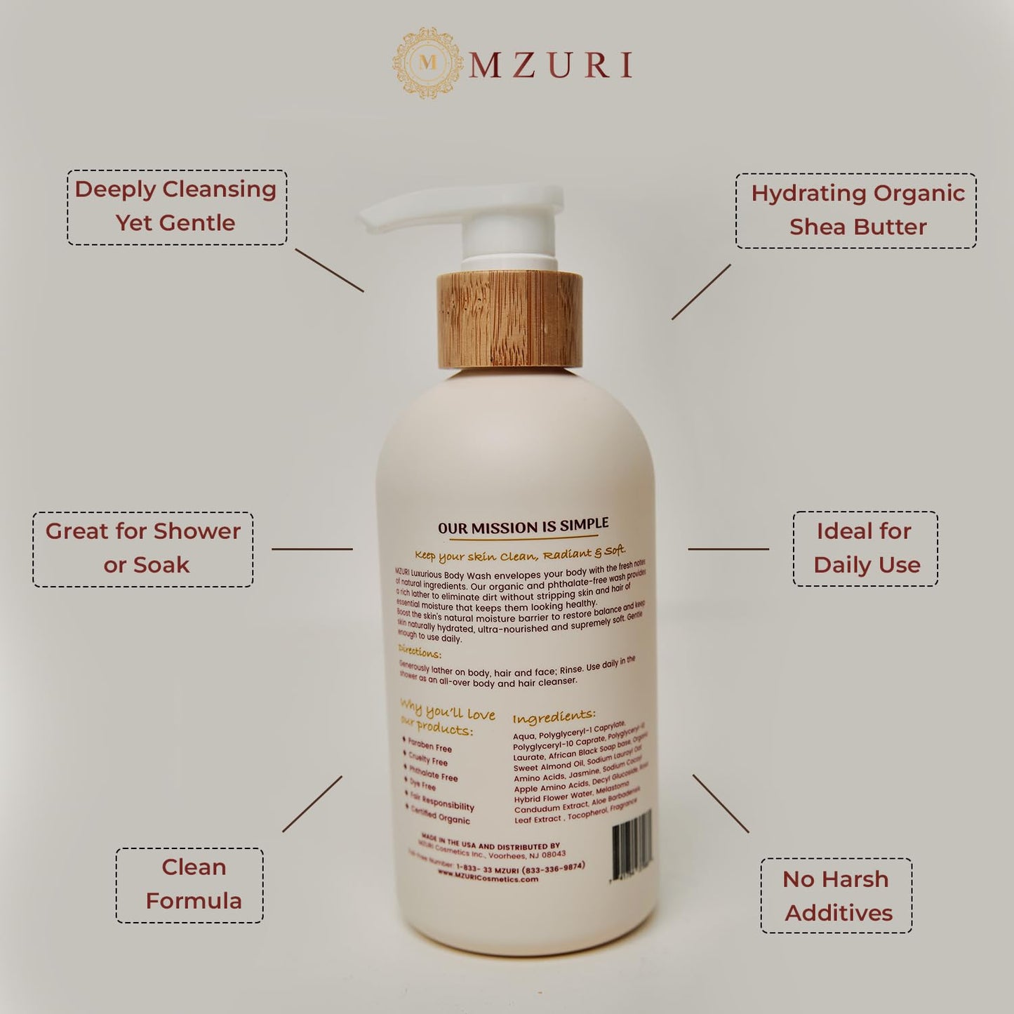 MZURI Unscented Body Wash, African Black Soap, Organic Shea Butter, and Calendula, Moisturizing, Hydrating, and Gentle Formula for Dry, Sensitive Skin, Paraben-Free Luxury Body Wash - 16 Fl. Oz