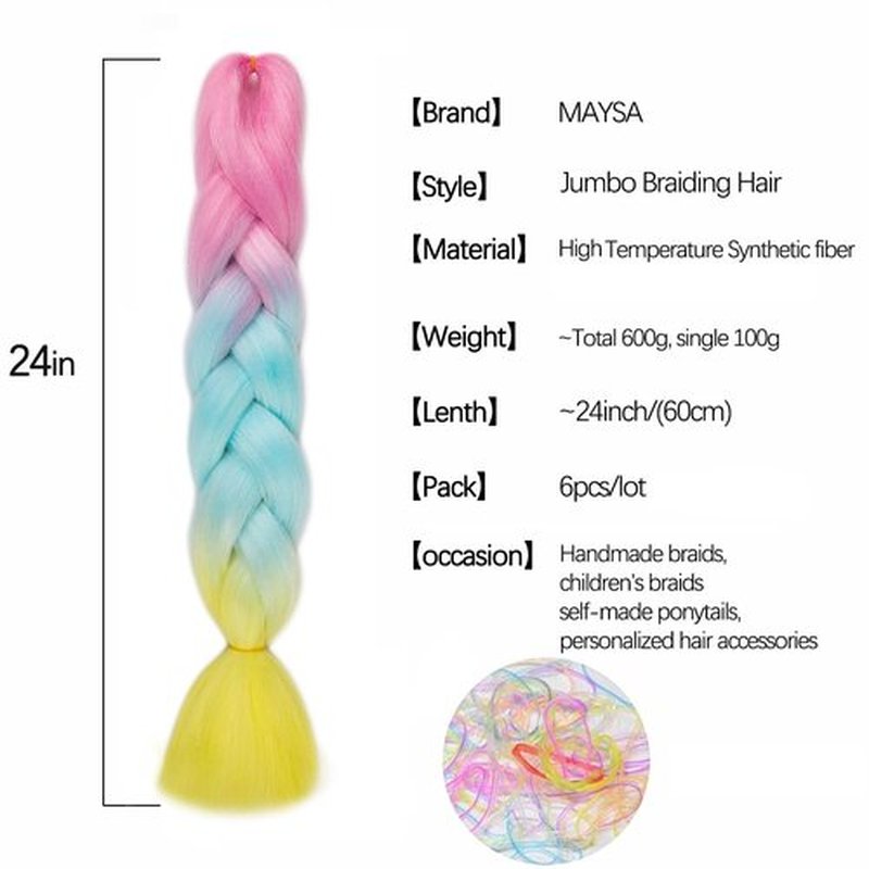 MAYSA Jumbo Braiding Hair 24in Rainbow Braiding Hair Pre stretched 6Packs Colored Hair Extensions for Kids #Pink-Sky blue-Yellow