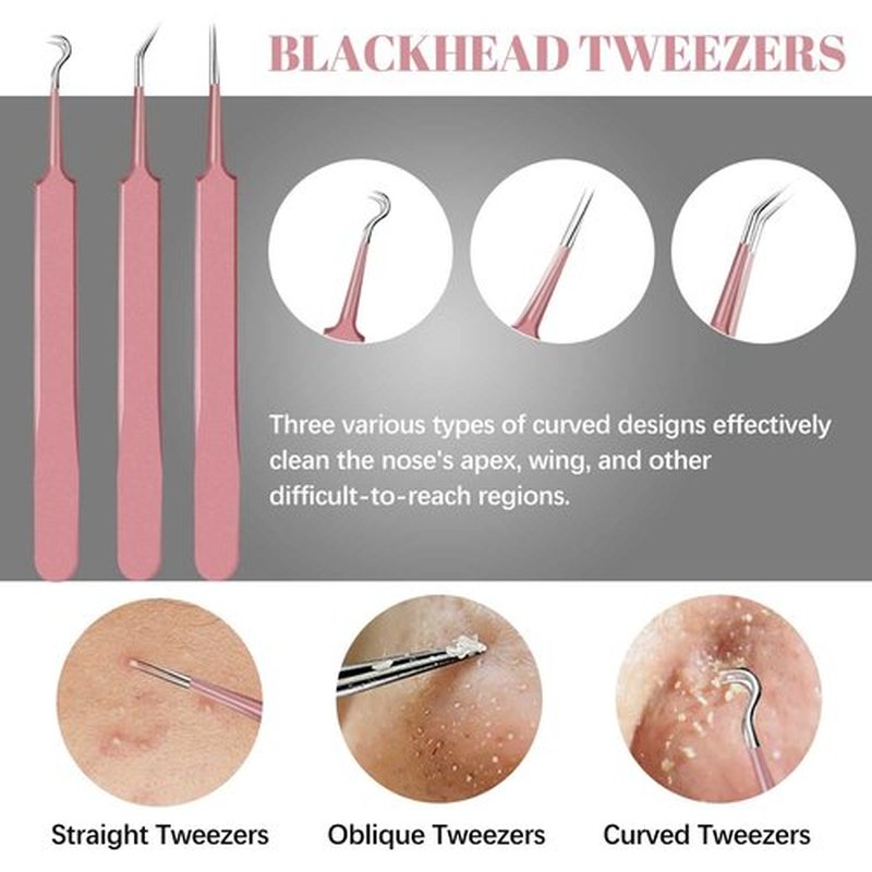 WOAMA Blackhead Remover Tools, Pimple Popper Tool Kit Extraction Acne Tools Blackhead Whitehead Remover Stainless Steel for Nose Face with Pink Bag - 9PCS