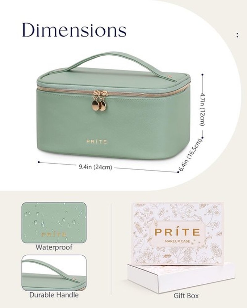 Prite Makeup Bag, Large Capacity Portable Travel Cosmetic Bag, Waterproof Makeup Organizer for Women with Handle and Divider(Green)