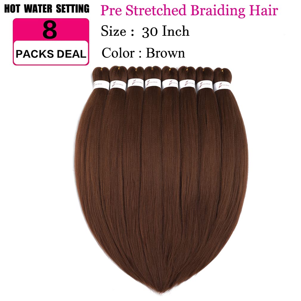 Pre stretched Braiding Hair 30 Inch 8 Packs Professional Hair Extensions Synthetic Braid Hair Crochet Braids Soft Yaki Texture Hot Water Setting(30",brown)
