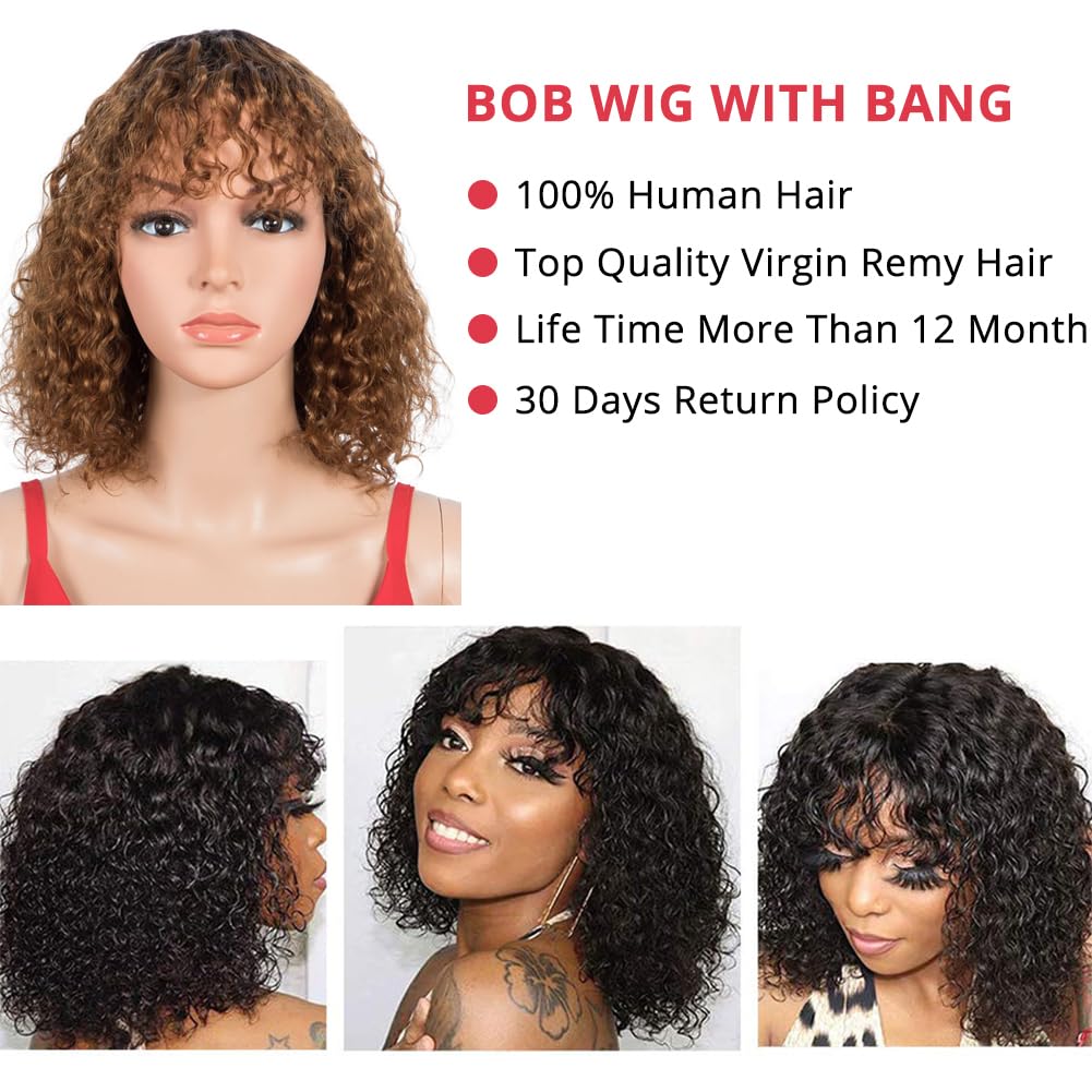 Spotlight Short Kinky Curly Wigs 10 inch Bob Loose Wave Human Hair Wigs for Women Brazilian Virgin Human Hair Wigs with Bangs 180% Density Natural Looking (Ombre Brown, TT1B/30)