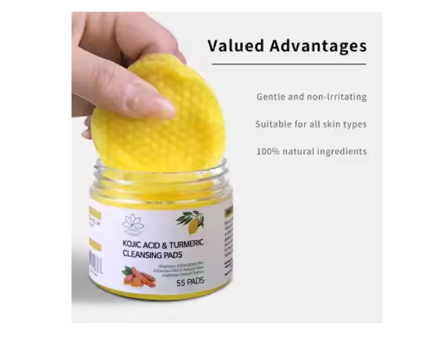 Main Products Kojic Acid and Turmeric Cleansing Pads, 55 Pcs, for Face Cleaning, Hydrating and Exfoliation.