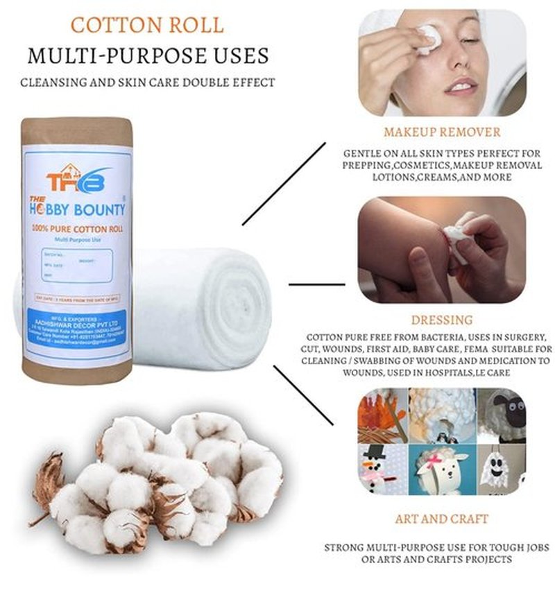 The Hobby Bounty Pure Cotton Roll 100% High Absorbent Soft Rolled Cotton Ball Multipurpose Cotton Use for Makeup Remover Salon Beauty Baby Care Pure Cotton Wool Rolls (100 Gram)
