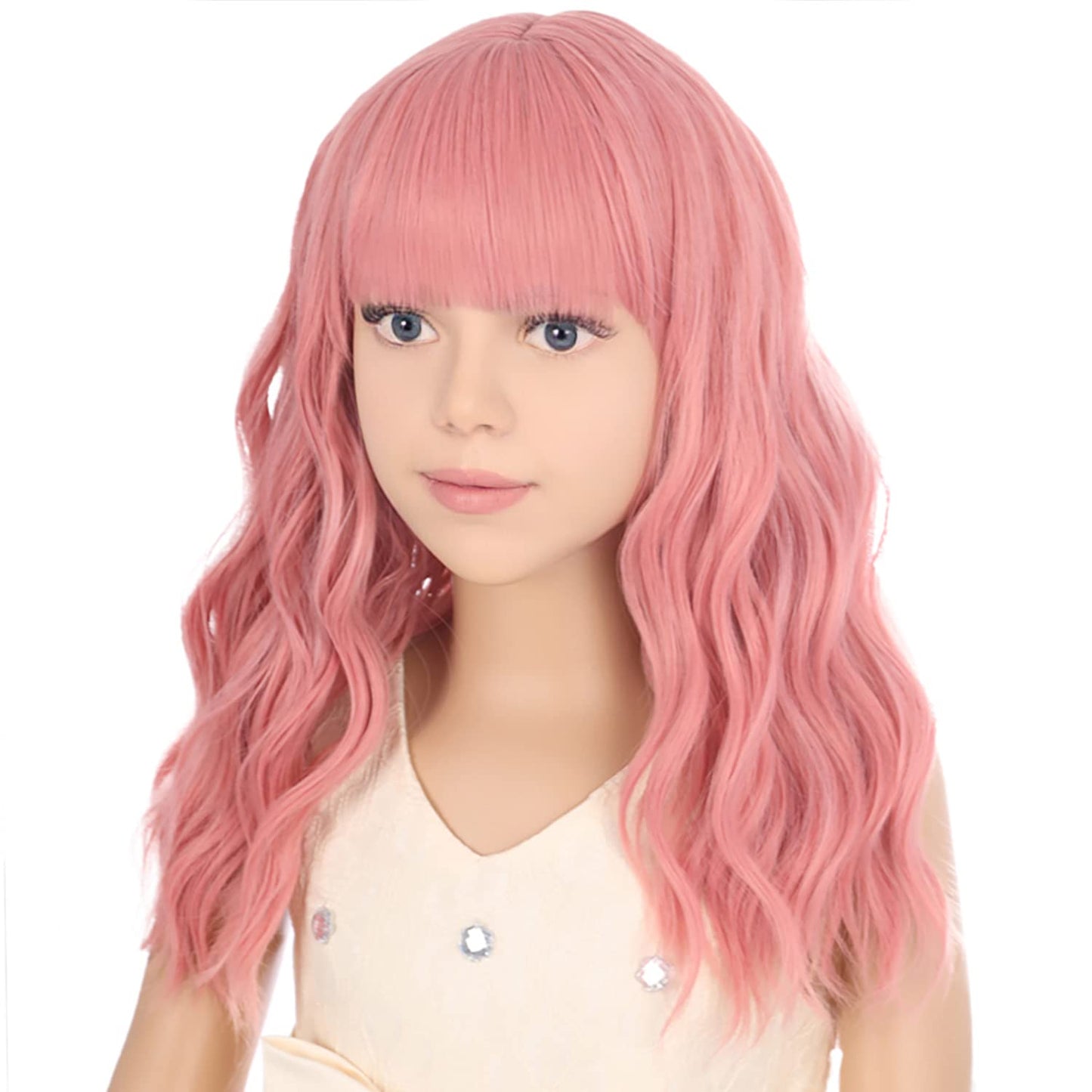 PATTNIUM Pink Wig Kids Short Wavy Wig Pink Wig with Bangs Synthetic Hair Girls Pink Wig Cosplay Costume Wig (Pink)