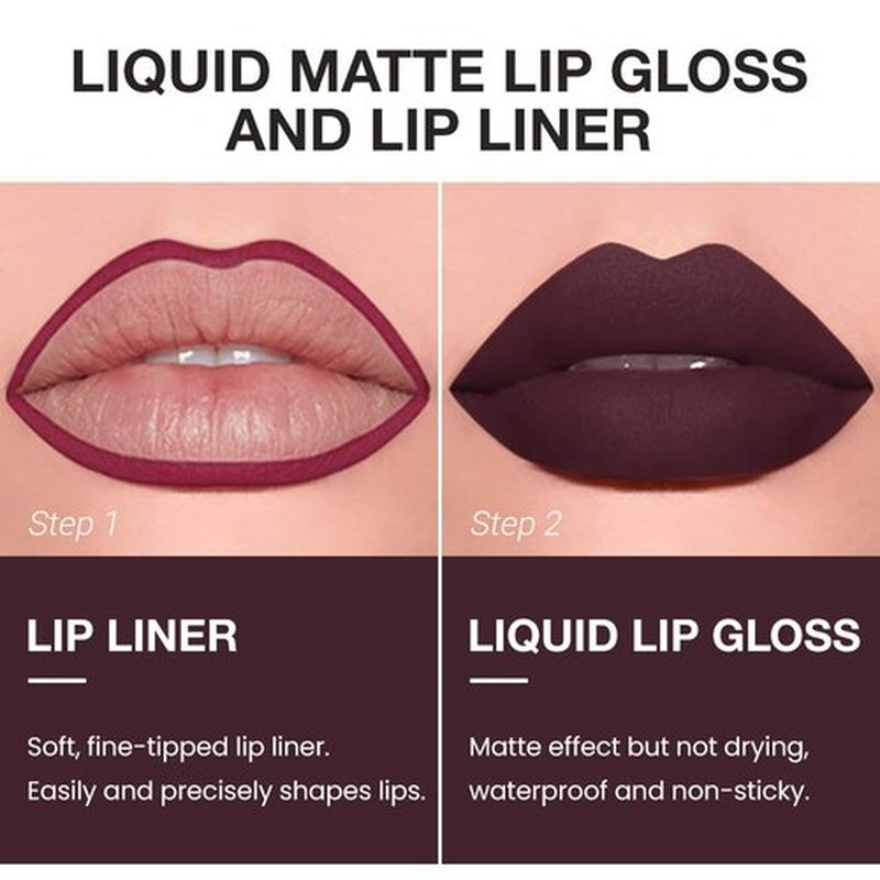 JUAAZIN 2pcs Rich Plum Matte Lip Liner and Lipstick Makeup Set, Vegan Lipstick Lip Liner and Gloss Set Lip Stain Long Lasting Waterproof Smudge-Proof Properties Non-stick Cup(Rich Plum 11#)