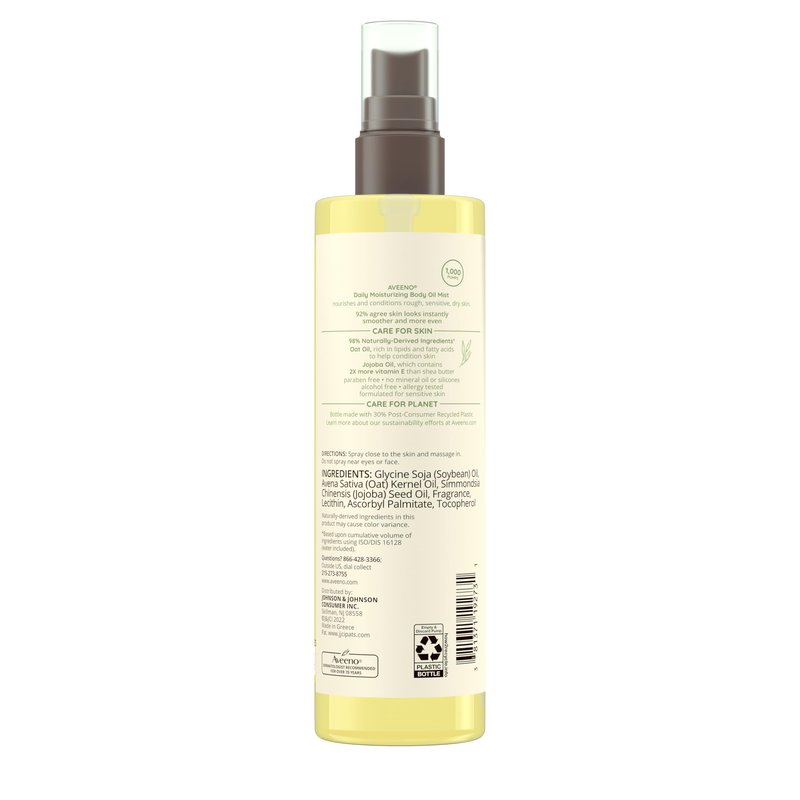 Aveeno Daily Moisturizing Body Oil Mist with Oat Oil and Jojoba Oil for Rough, Dry, Sensitive Skin, Nourishing Body Spray for Smoother, More Even Skin, Paraben- & Silicone-Free, 6.7 fl. oz