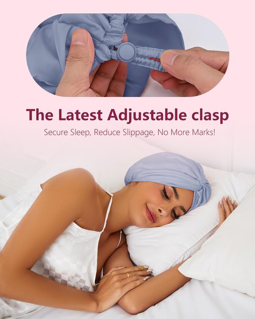 HFRHTGY Adjustable Silk Satin Hair Bonnet for Sleeping, Double Layer Hair Wrap Sleep Cap Turban for Women Men, Curly Straight Hair Long Large Braid Unisex (Slate Blue 112)