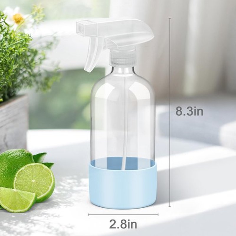 Rionisor Glass Spray Bottles with Silicone Sleeve Protection, Empty 16 oz Refillable Containers, Reusable Spray Bottles with Adjustable Nozzle for Hair, Cleaning Solutions, 3 Pack Grey&Blue&Purple