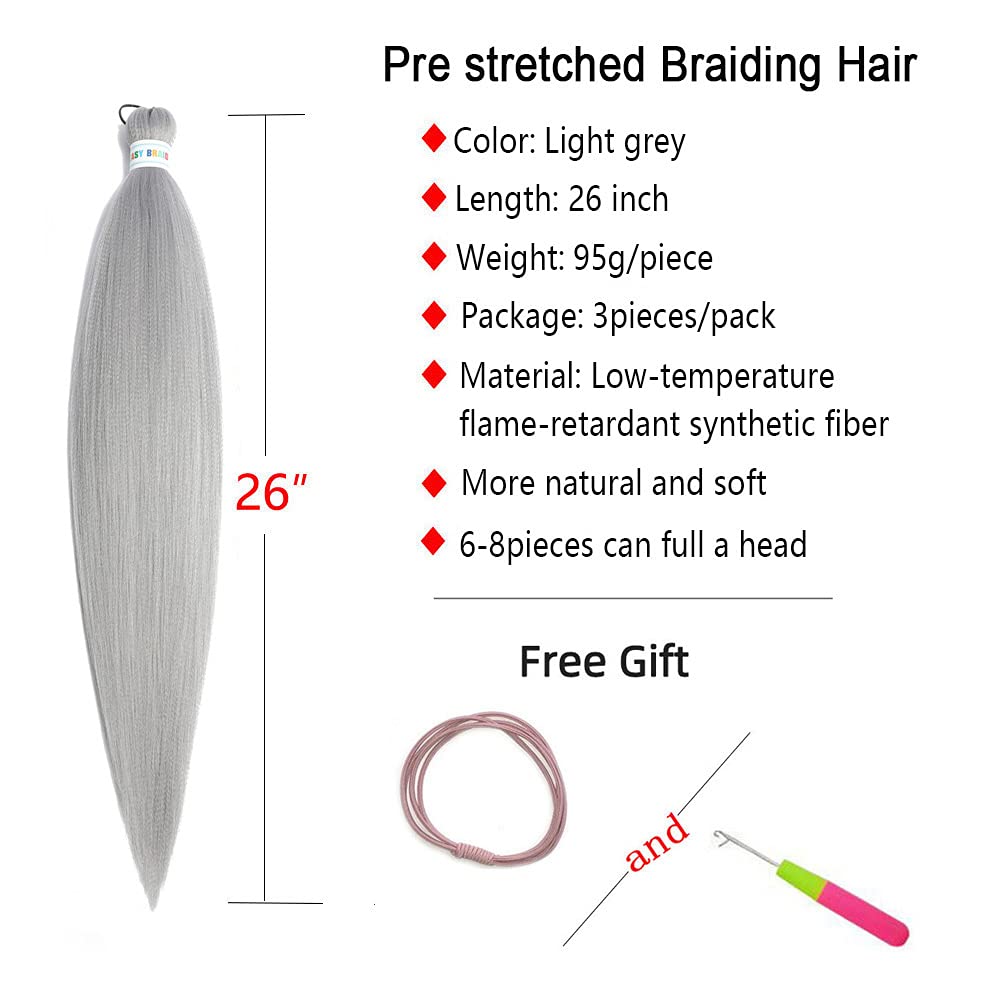 Newluyang Pre Stretched Braiding Hair, Synthetic Crochet Hair Braids,26 inch 3 Packs Hot Water Setting Professional Yaki Texture Crochet Hair Extension Braids. (26inch,Grey)