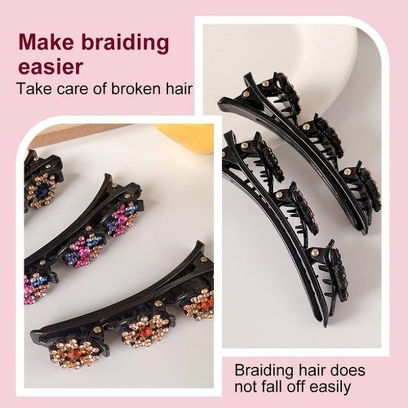 2 Pcs Sparkling Crystal Stone Braided Hair Clips, 2024 New Satin Fabric Hair Bands Rhinestone Four-Leaf Clover Hair Clip for Styling, Duck Bill Clips for Women Girls (B)