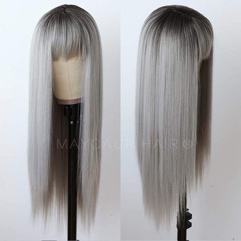 Maycaur Grey Color Synthetic Hair Wigs with Full Bangs Black Gray Ombre Color Long Straight Women's Wig Heat Resistant Hair Synthetic No Lace Wigs for Fashion Women