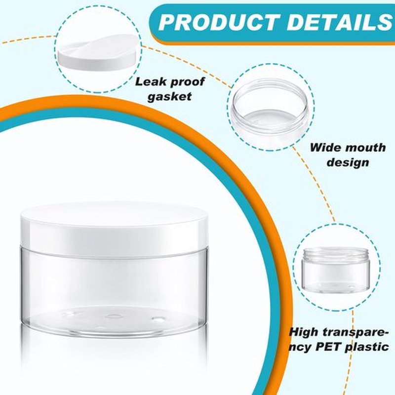 Dandat 24 Pcs Plastic Jars with Lid and Label PET Cosmetic Containers Leak Proof Empty Cosmetic Jars Refillable Storage Travel Jars for Lotion Cream Gel Powder Ointment(Clear with White Lid,8 oz)