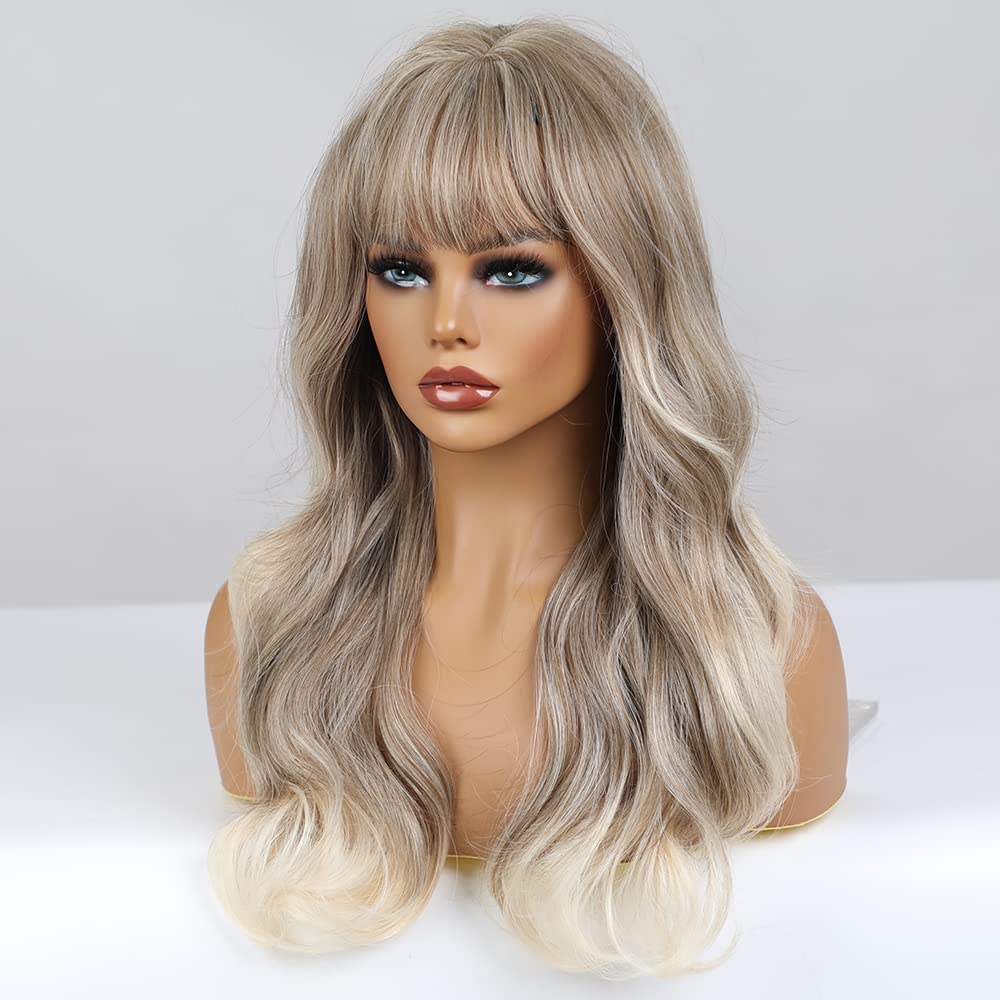 WTHCOS Long Ombre Brown Blonde Wigs Ash Blodne Wig for Women Long Curly Wavy Brown Mixed Blonde Wig With Bangs Silky Full Heat Resistant Synthetic Wig with Wig Cap (Blonde Mix Brown)