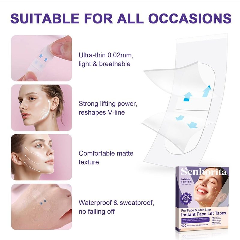 Zcotsu Face Lift Tape 100Pcs – Instant Face Lifting Tape, Invisible Strips to Hide Double Chin, Smooth Wrinkles & Lift Saggy Skin, Waterproof & Elastic