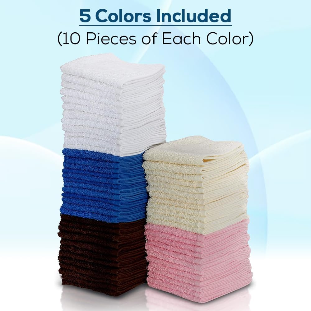 SIMPLI-MAGIC Cotton Wash Cloths 12"x12" (50 Pack) – Highly Absorbent Soft Towels – Commercial Terry Washcloth for Face, Hand, Bath, Kitchen, Gym & Hotel (Multicolor)