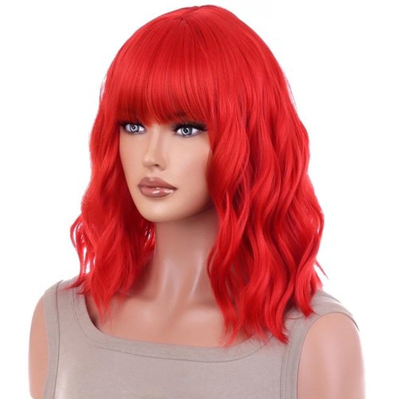 MAGQOO Red Wig Bright Red Wig Women Bright Red Bob Wig Short Curly Wavy Red Wigs with Bangs Synthetic Heat Resistant Costume Wig Cap Included (14", Red)