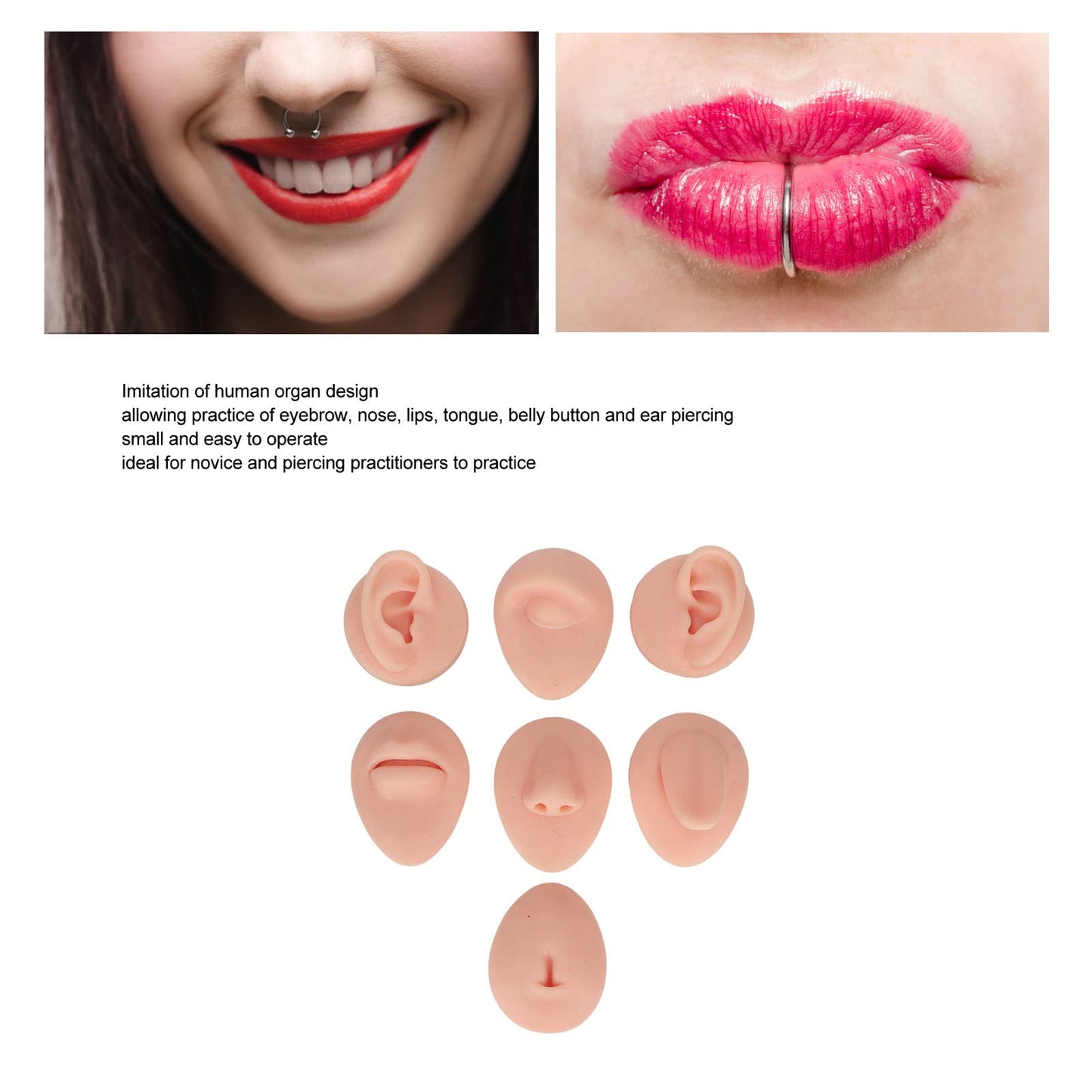 Soft Silicone Flexible Model Body Part Displays Set, Body Piercing Practice Model Simulation Ear Eye Nose Mouth Tongue and Belly Button Model for Novice Piercer (Light Skin Colour)