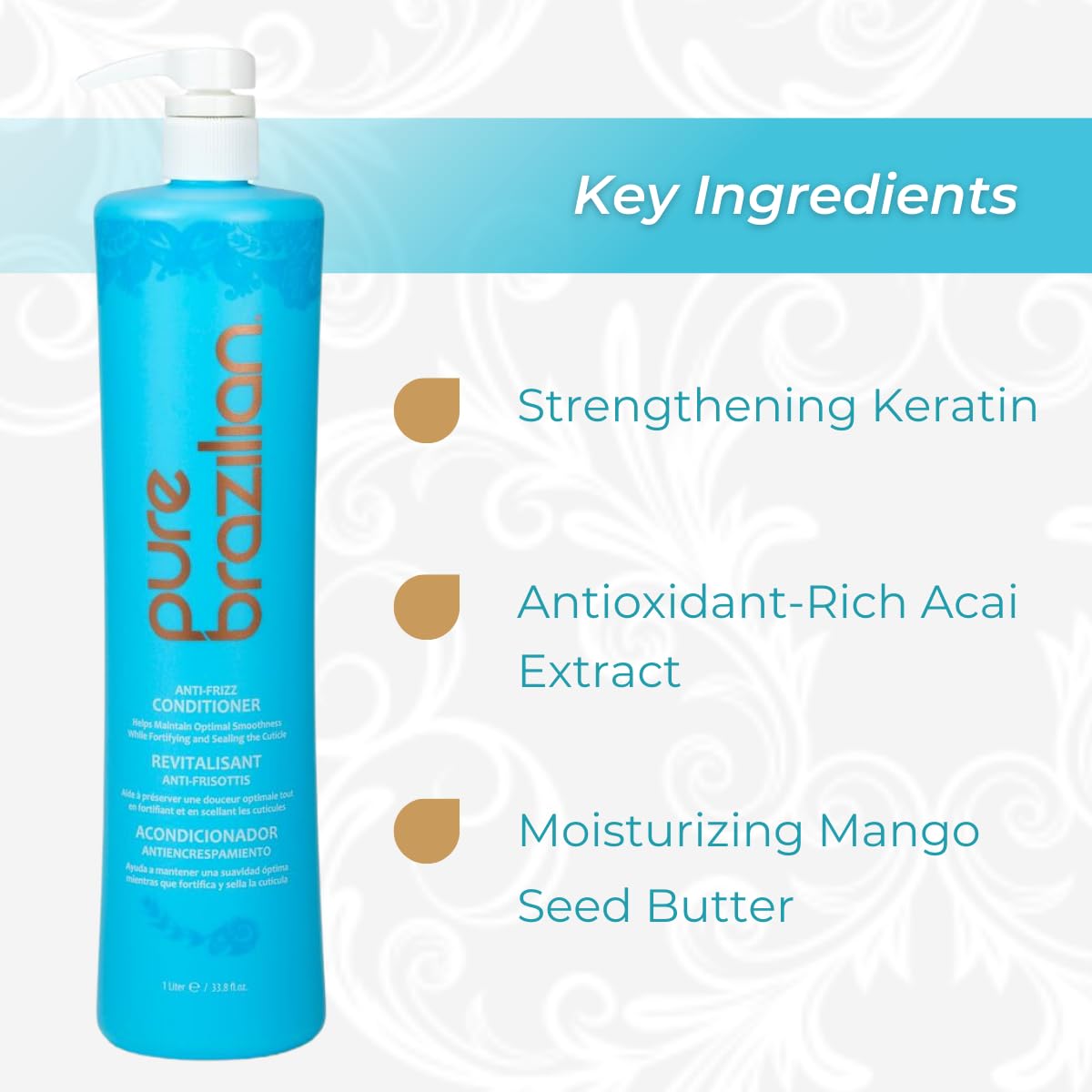 Pure Brazilian Anti-Frizz Daily Conditioner with Keratin & Acai, Smoothing & Strengthening for Shinier, Frizz-Free Hair, 13.5 Oz