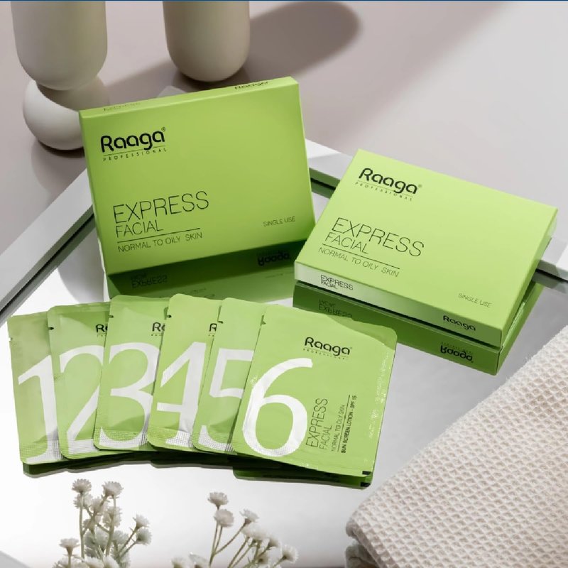 Raaga Professional Express Single Use Facial Kit | For Oily & Acne-Prone Skin | 6-Step Skincare Set At Home | Cleanser, Scrub, Toner, Massage Gel, Face Mask & Sunscreen | 35g/1.23 Oz