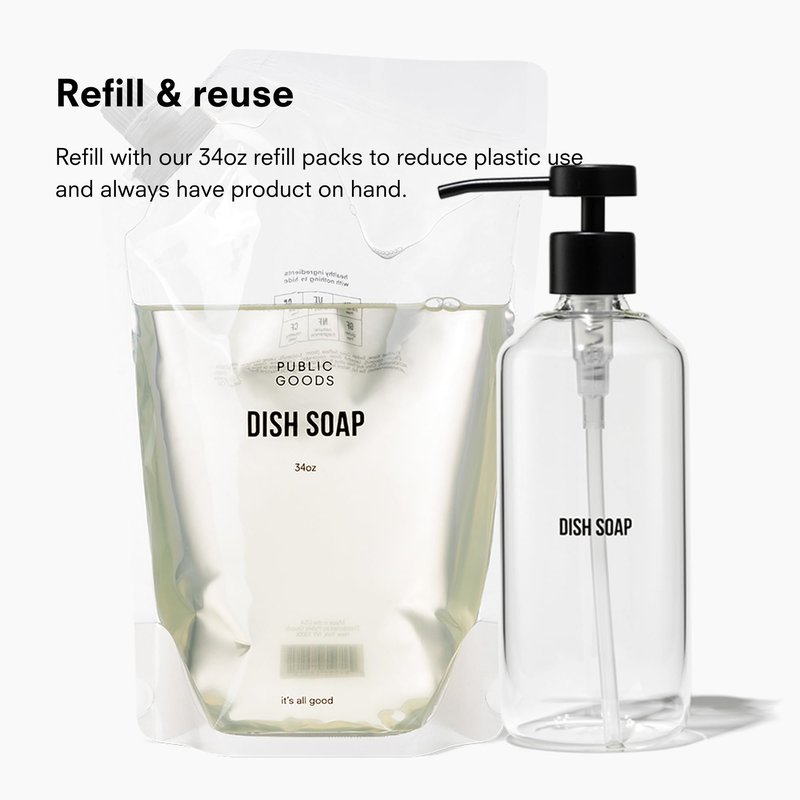 Public Goods Glass Dish Soap Dispenser Pump for Kitchen Sink | Liquid Dish Soap Refill Bottle | Made with Clear Borosilicate Glass and Black Stainless Steel | 16 Oz Dispenser