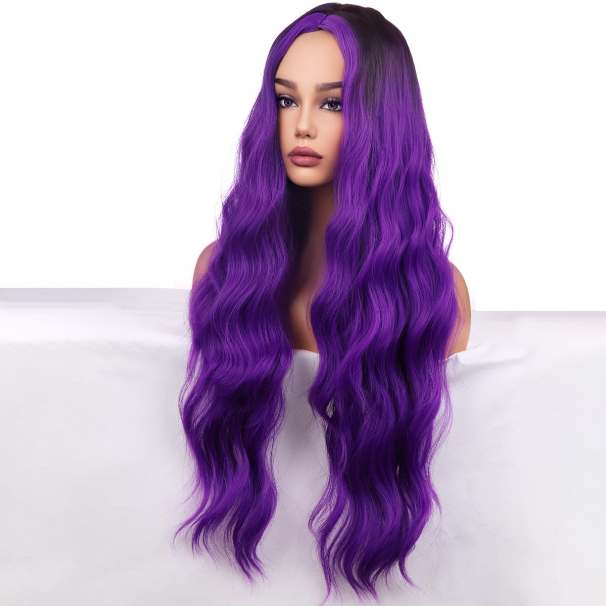 WTHCOS Ombre Purple Wig Long Curly Wavy Hair Wig for Women Middle Part Wig Purple Ombre Wig Heat Resistant Synthetic Hair Wigs for Daily Use Cosplay Wig With Wig Cap
