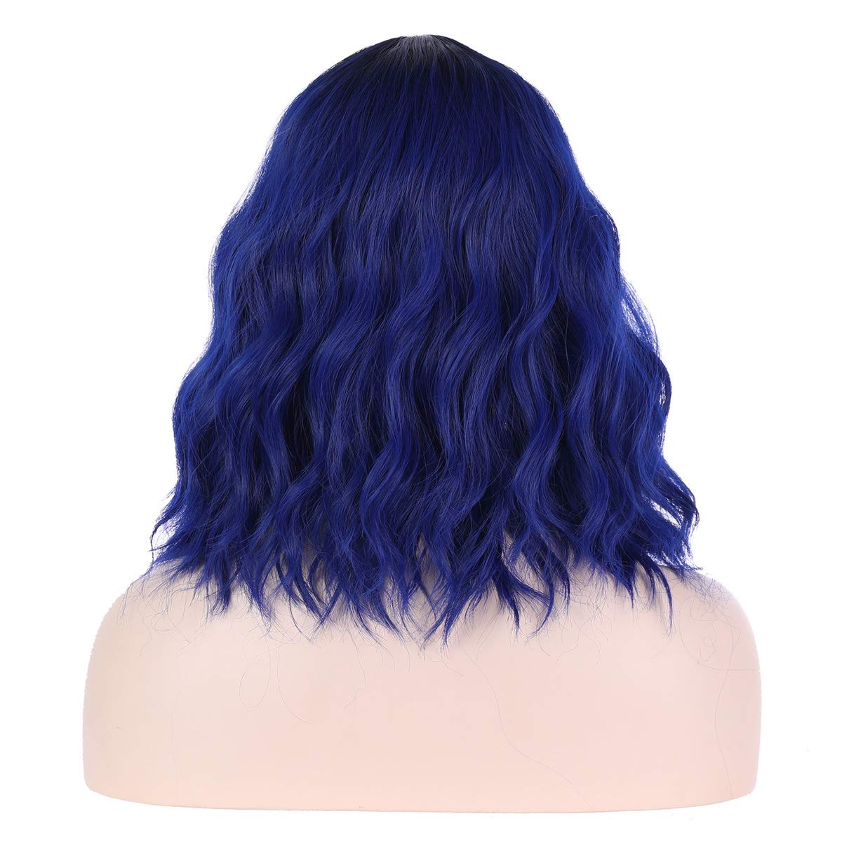 incohair Ombre Wig Blue Wigs 14 inches Black to Dark Blue Ombre Wigs 2 Tones Color Short Curly Bob Wig with Bangs Synthetic Cosplay Party Daily Wigs Wig Cap Included (Ombre Dark Blue)