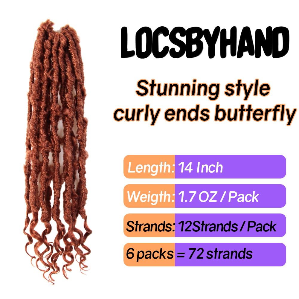 Crochet Butterfly Locs with Curly Ends 14 Inch, Boho Distressed Butterfly Locs Crochet Hair, Ginger Bohemian Goddess Faux Butterfly Braids with Curly Ends (6 Packs, 350#)