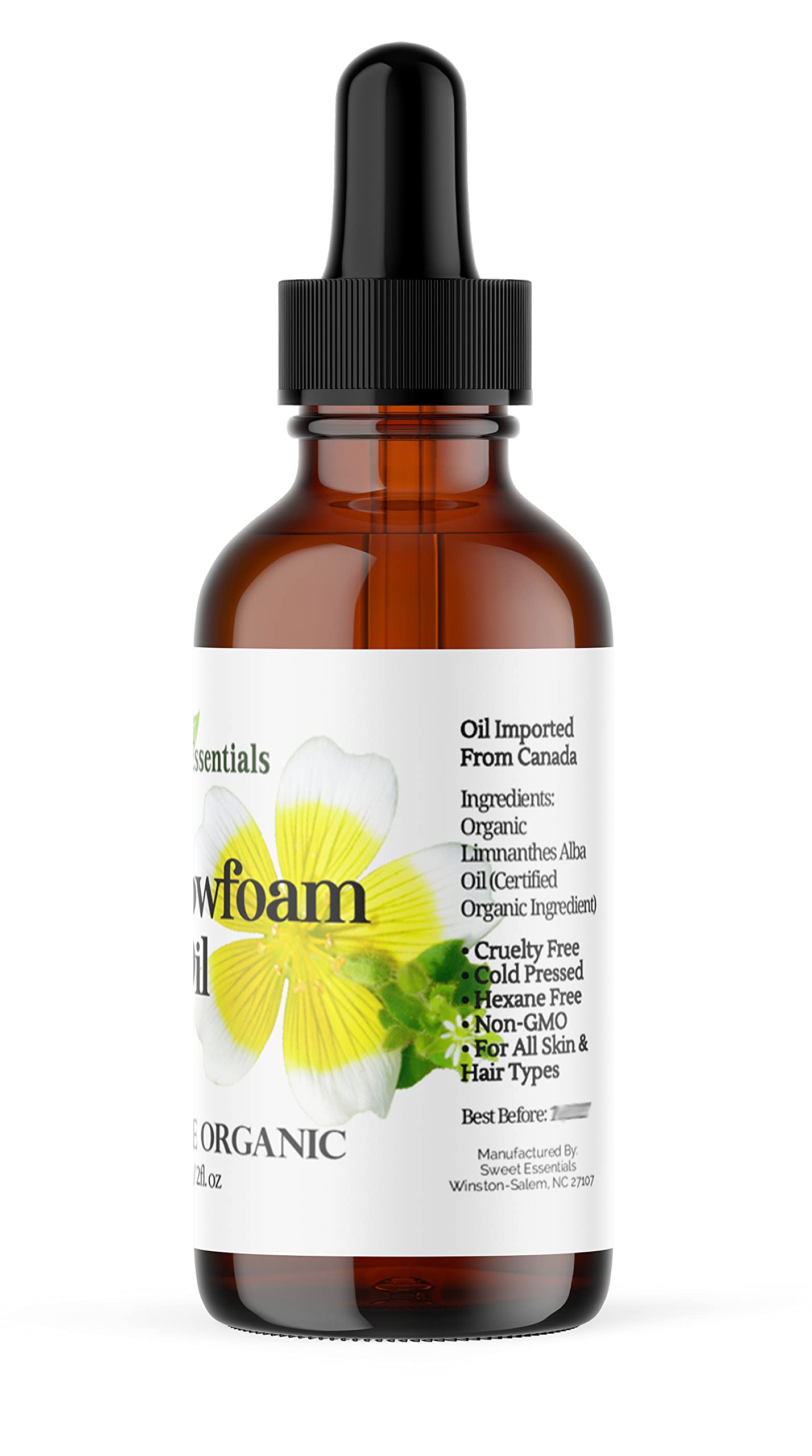Sweet Essentials Premium Organic Meadowfoam Seed Oil, Imported From Canada, 2oz Glass Bottle, 100% Pure, Cold Pressed - For Hair, Skin and Nails | Perfect Carrier Oil | Also Excellent For Mature Skin