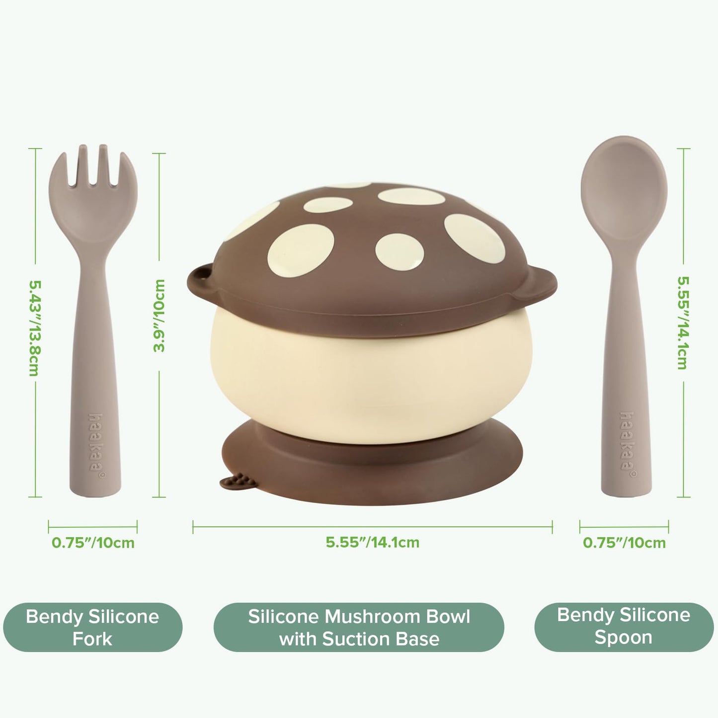 haakaa Silicone Mushroom Bowl & Bendy Cutlery Set – Baby Bowls with Suction & Spillproof Lid, Baby Spoons & Forks for Self Feeding, BPA-Free - Walnut