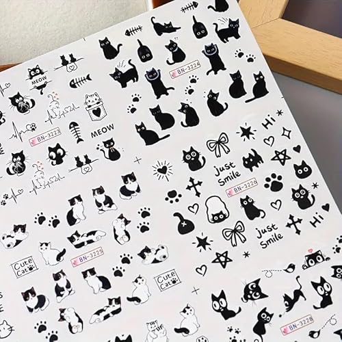 Cute Nail Art Stickers Black White Cat Water Transfer Nail Stickers Cat Paw Cute Animals Water Transfer Nail Decals 3D Self Adhesive Nail Art Supplies Heart Designs Nail Decals 12PCS