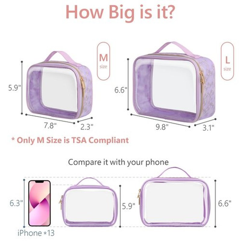 PACKISM Floral Texture Lace TSA Approved Toiletry Bag - 180° Opening Clear Makeup Bags in 2 Size, Clear Toiletry Bags with Handle, 0.5 mm Thick Non-deformable No Smell, Purple