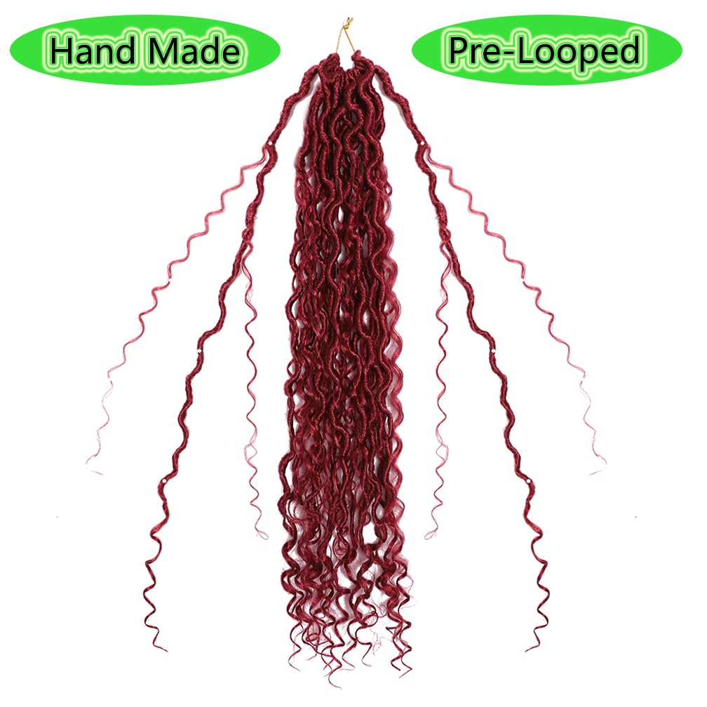 BALINGHAIR Goddess Locs Crochet Hair Burgundy 22 Inch 3 Packs Bohemian Faux Locs Crochet Hair With Curly Ends Pre Looped Hair Extensions 16 Roots/Pack(Bug)