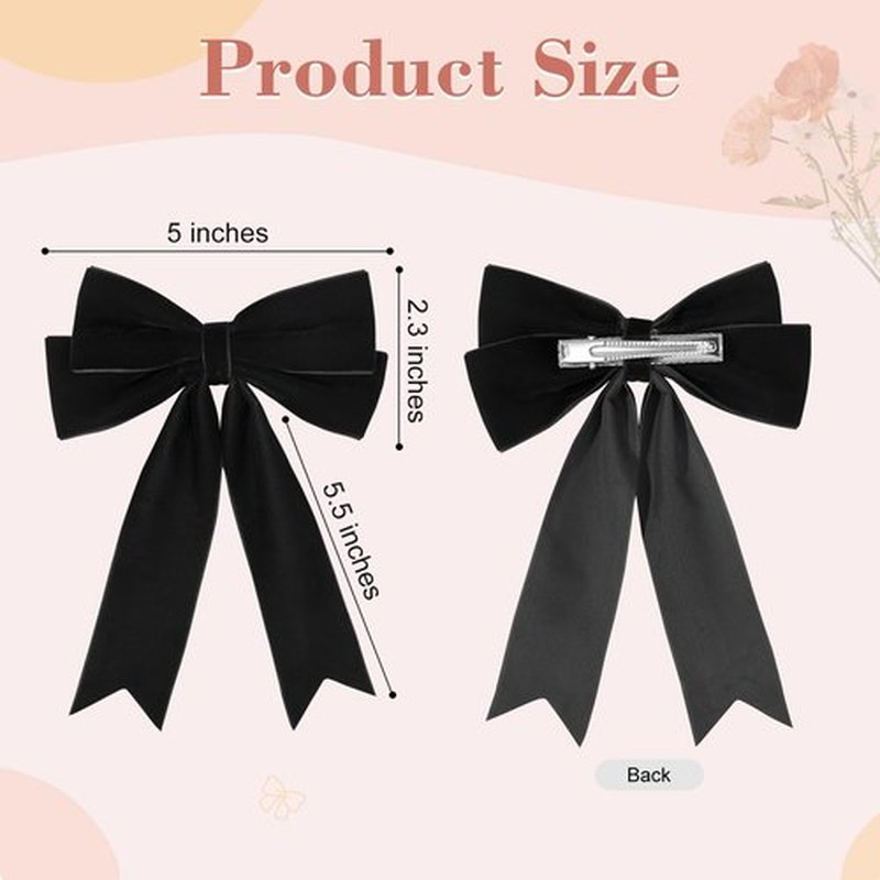 2PCS Velvet Bows Hair Clip Ribbon Black White Accessories Ponytail Holder Hair Bow for Women Girls Toddlers Teens Kids