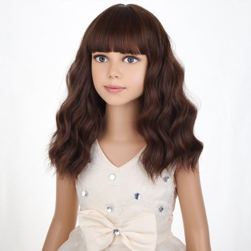 PATTNIUM Short Brown Wig for Kids Child Mixed Brown Short Curly Wavy Wig Chocolate Brown Synthetic Wig Cosplay Costume Party with Wig Cap