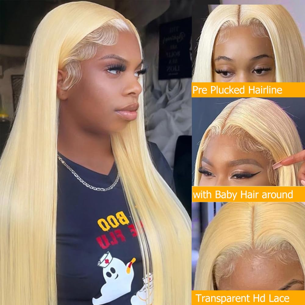 QTHAIR 14A Russian Blonde #613 Transparent Lace Frontal 14in 100% Platinum Blonde Human Hair for All Women (14",#613 Platinum Honey Blonde Closure Transparent Color Lace)