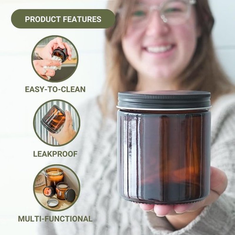Nature Packaged Glass Amber 16oz Jar - 12 Packs, Empty Round Jars For Beauty Products, Lotion, and Powders - Black Lid - Small Candle Jars