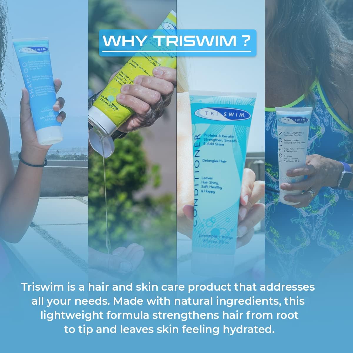 TRISWIM Shot Set in Travel Bag | 2oz Travel Size Chlorine Removal Shampoo, Swimmer’s Conditioner, Swim Body Wash and Lotion | Removes Chlorine, Bromine, Hard Water Minerals & Saltwater and odors
