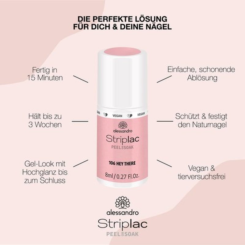 alessandro Striplac Peel or Soak Nail Polish - Long Lasting Wear - Quick Drying Time - Offers a Variety of Colors - Delivers Professional Results - Vegan - Cruelty Free - Hey There - 0.27 oz