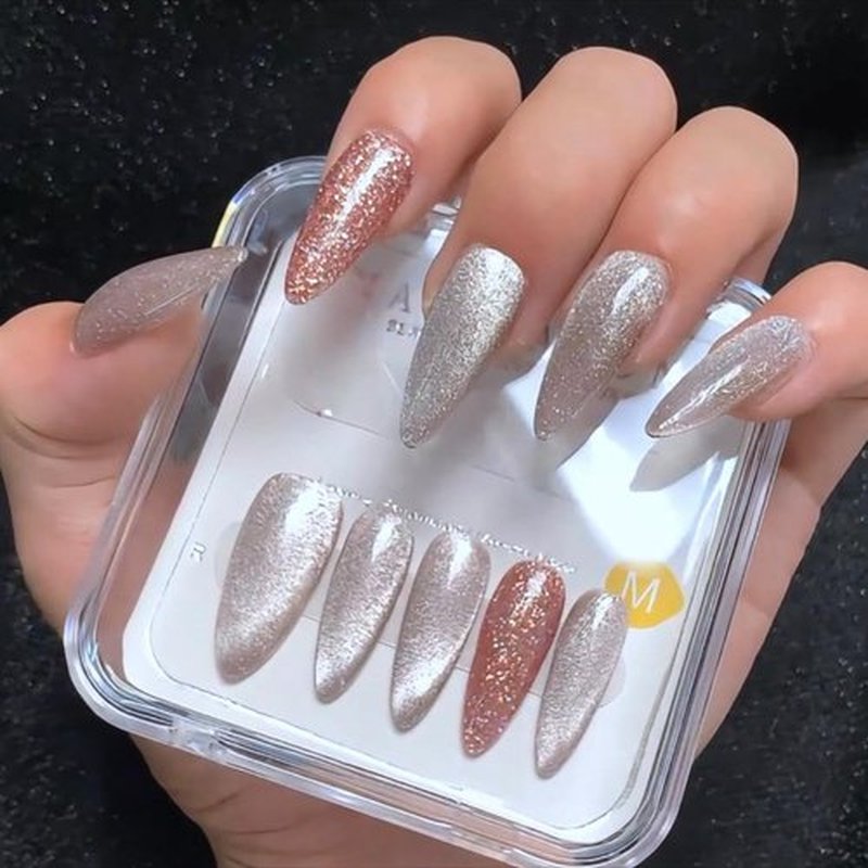 CAMILCY Handmade Nails Press on Almond Nail Pointed Green Gold Crystal Glitter Design Hand painted Reusable Gel UV Finished Pre shaped False Nails for Women 10pcs 3D Handmade Nails (A030, L)