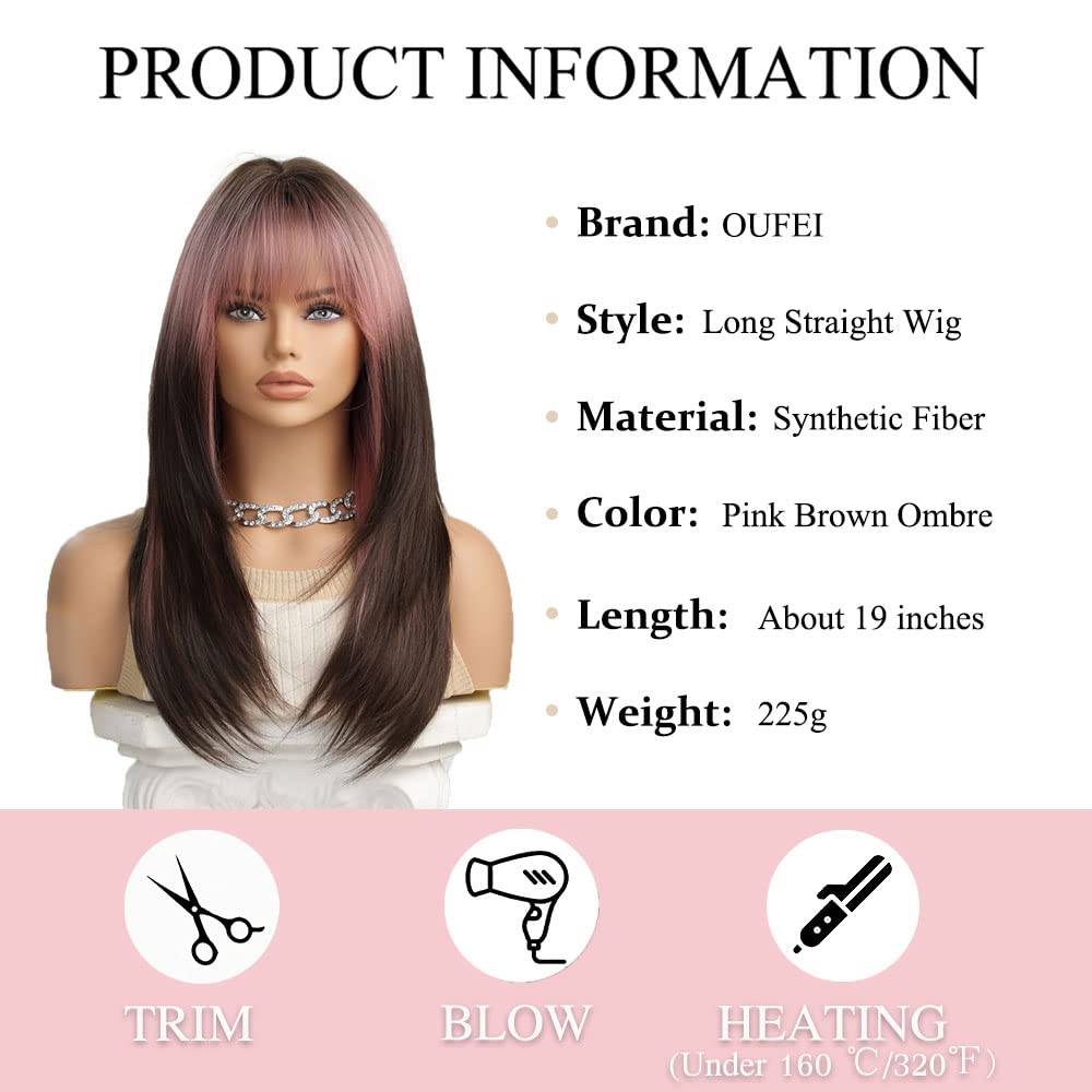 OUFEI Pink Brown Ombre Wig with Bangs Long Straight wigs for Women Layered Wigs Synthetic Hair Heat Resistant Wigs for Daily Party Cosplay Wear